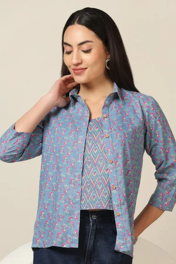 Sky_Cotton_Floral_Print_Shirt_With_Spaghetti_Top_For_Women