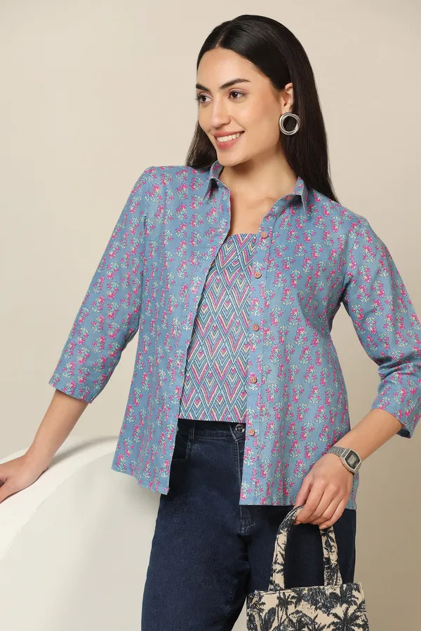 Sky_Cotton_Floral_Print_Shirt_With_Spaghetti_Top_For_Women