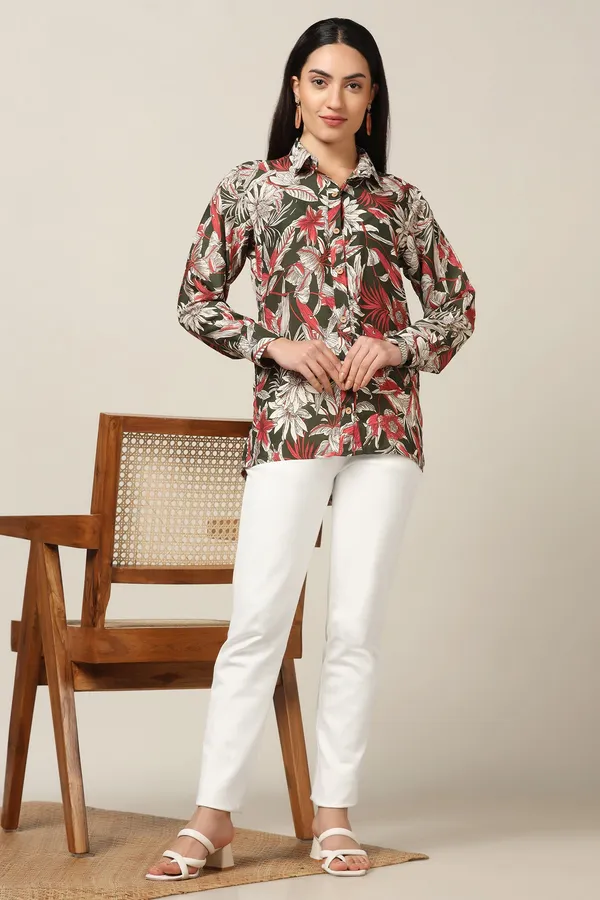 Mehndi_Muslin_Floral_Printed_High-Low_Shirt_For_Women