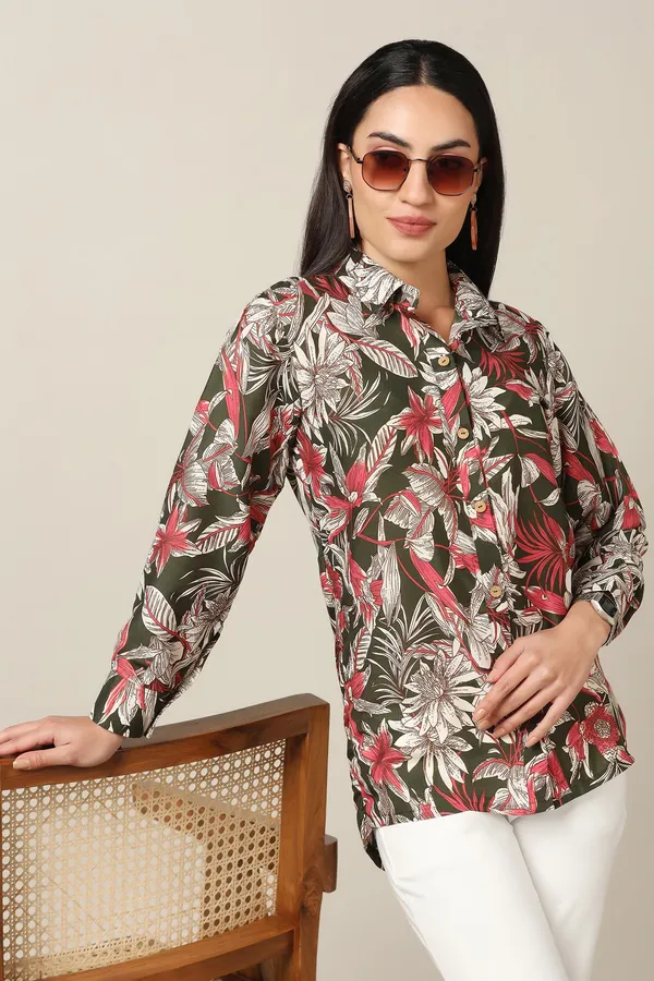 Mehndi_Muslin_Floral_Printed_High-Low_Shirt_For_Women