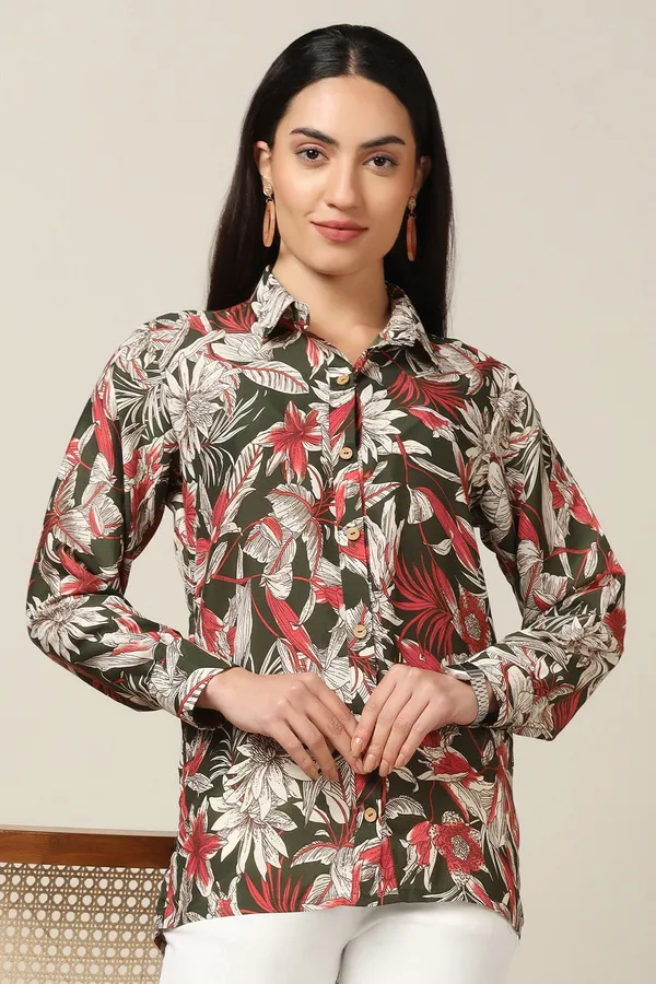 Mehndi_Muslin_Floral_Printed_High-Low_Shirt_For_Women
