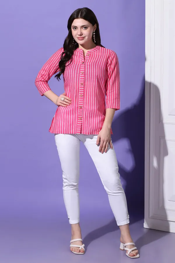 Pink_Cotton_Block_Printed_Shirt_Style_Top_For_Women