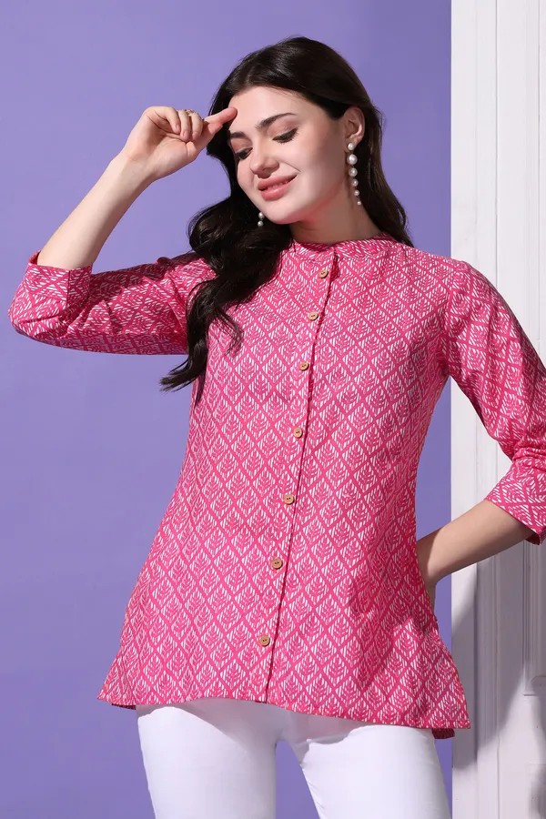 Pink_Cotton_Block_Printed_Shirt_Style_Top_For_Women
