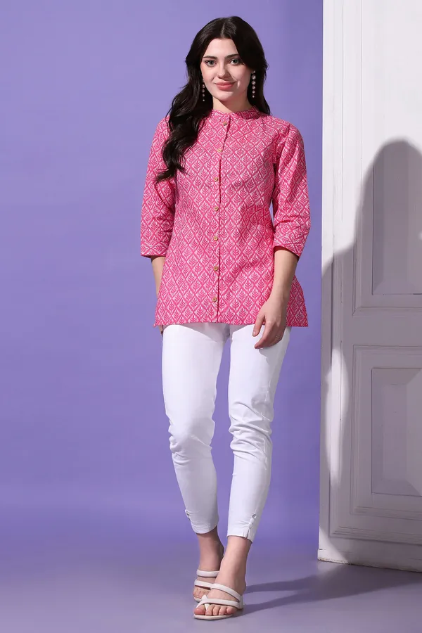 Pink_Cotton_Block_Printed_Shirt_Style_Top_For_Women