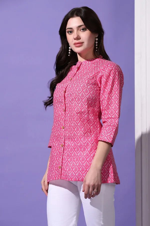 Pink_Cotton_Block_Printed_Shirt_Style_Top_For_Women