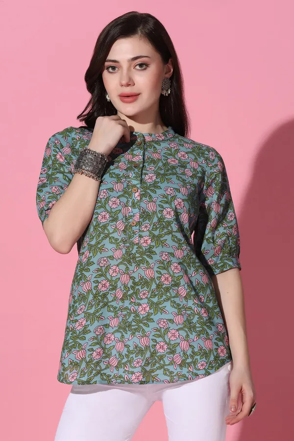 Blue_Cotton_Floral_Printed_Shirt_Style_Top_For_Women