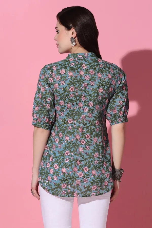 Blue_Cotton_Floral_Printed_Shirt_Style_Top_For_Women