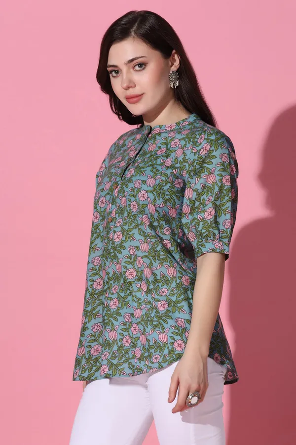 Blue_Cotton_Floral_Printed_Shirt_Style_Top_For_Women