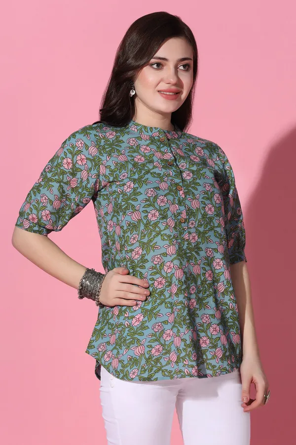 Blue_Cotton_Floral_Printed_Shirt_Style_Top_For_Women