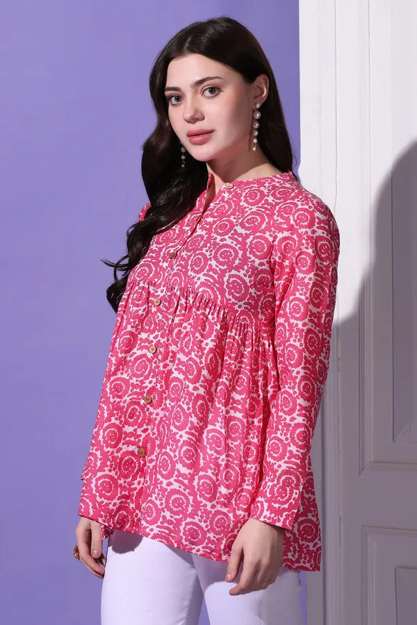 Pink_Cotton_Floral_Printed_Shirt_Style_Top_For_Women