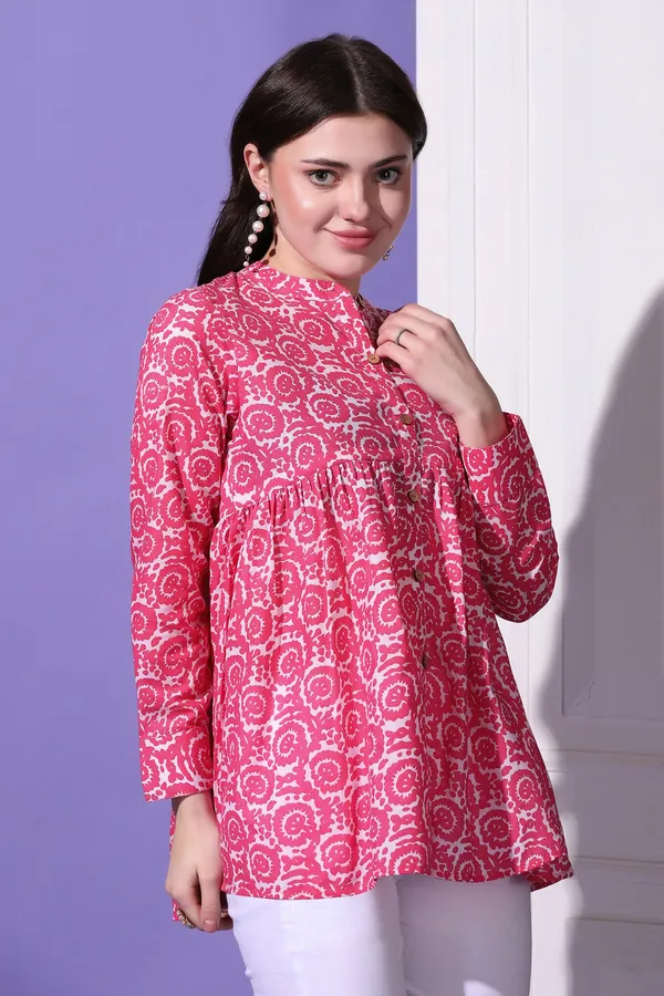 Pink_Cotton_Floral_Printed_Shirt_Style_Top_For_Women