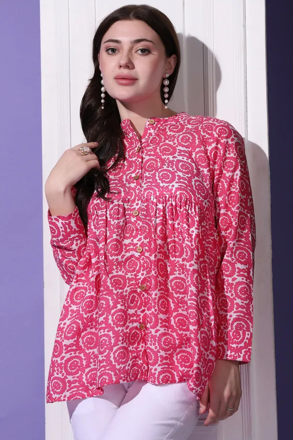 Pink_Cotton_Floral_Printed_Shirt_Style_Top_For_Women