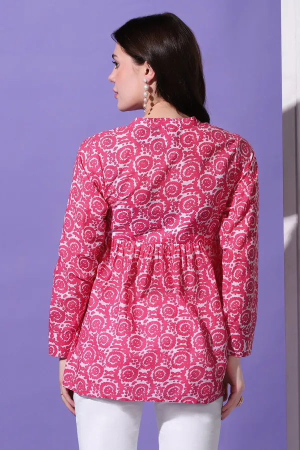 Pink_Cotton_Floral_Printed_Shirt_Style_Top_For_Women