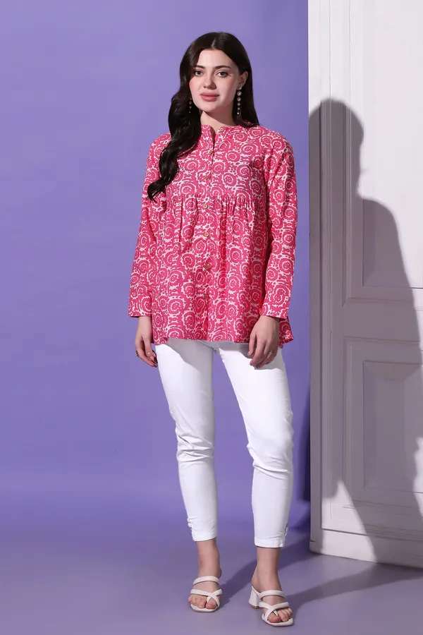 Pink_Cotton_Floral_Printed_Shirt_Style_Top_For_Women