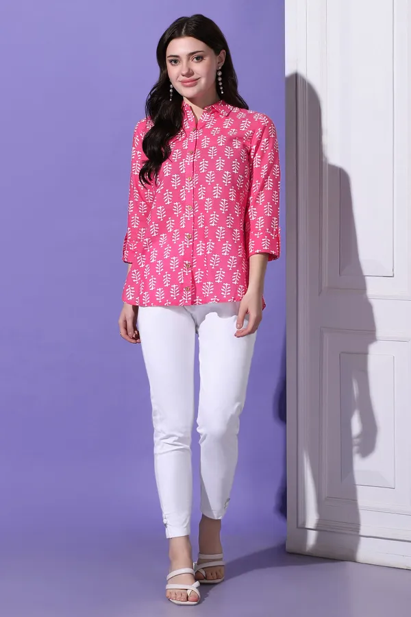 Pink_Cotton_Block_Printed_Shirt_Style_Top_For_Women