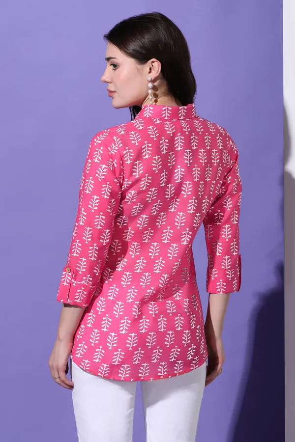Pink_Cotton_Block_Printed_Shirt_Style_Top_For_Women