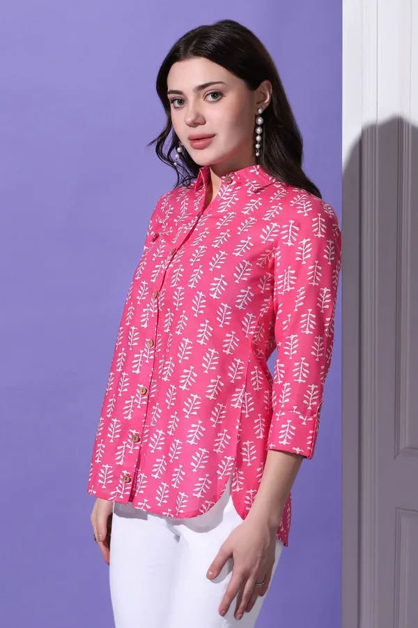 Pink_Cotton_Block_Printed_Shirt_Style_Top_For_Women
