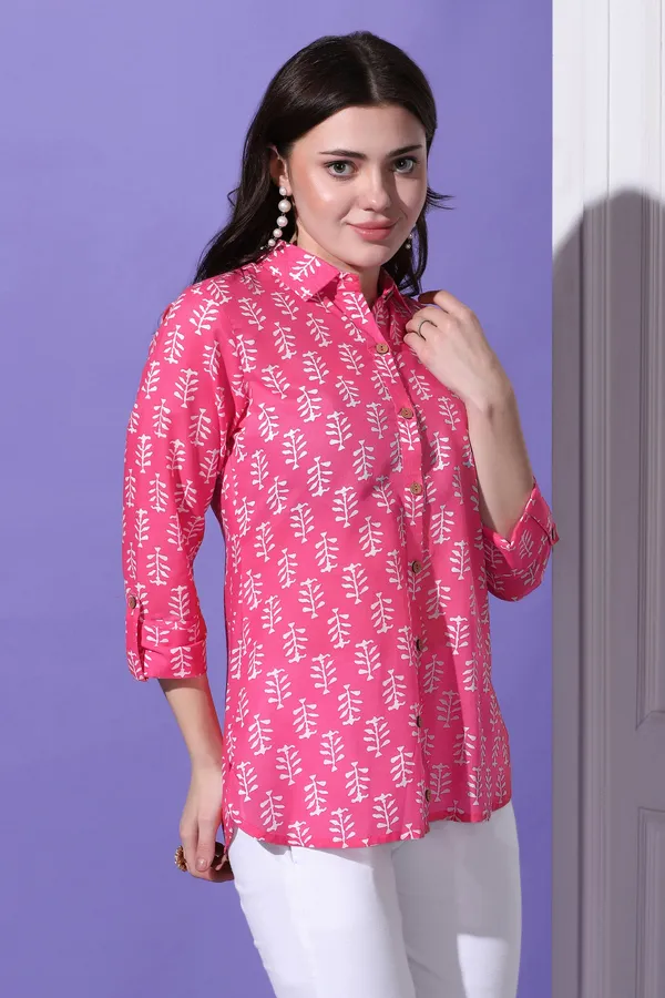 Pink_Cotton_Block_Printed_Shirt_Style_Top_For_Women