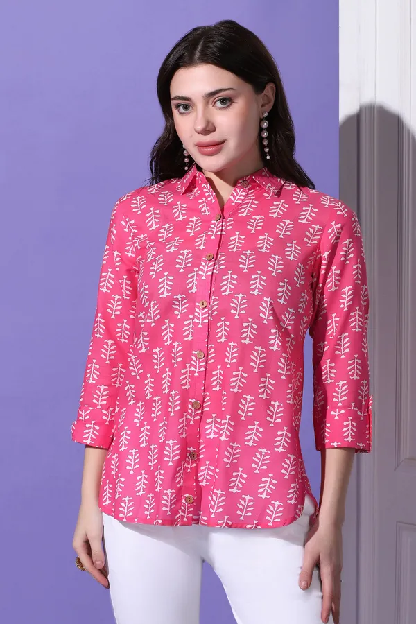 Pink_Cotton_Block_Printed_Shirt_Style_Top_For_Women