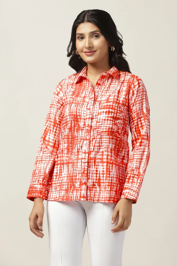 Orange_Slub_Tie-Dye_Printed_Regular_Fit_Shirt_For_Women