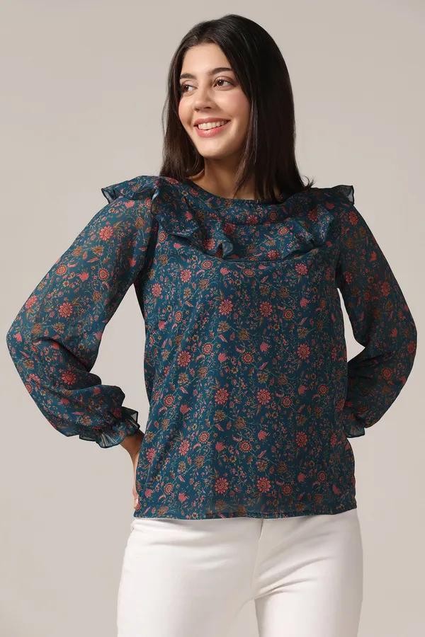 Teal_Blue_Georgette_Floral_Print_Top_For_Women
