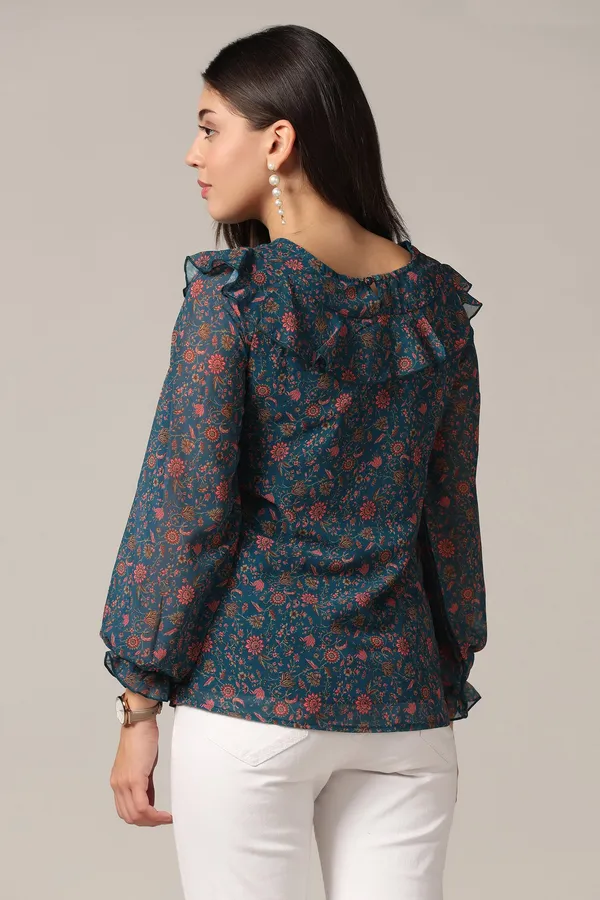 Teal_Blue_Georgette_Floral_Print_Top_For_Women