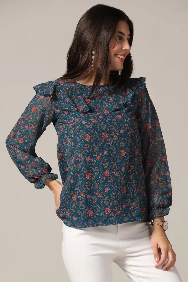 Teal_Blue_Georgette_Floral_Print_Top_For_Women