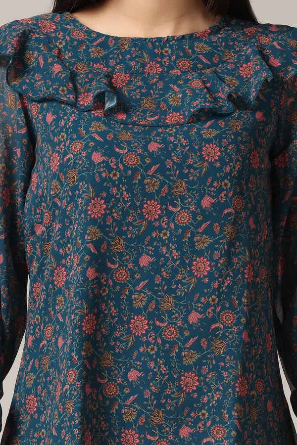 Teal_Blue_Georgette_Floral_Print_Top_For_Women