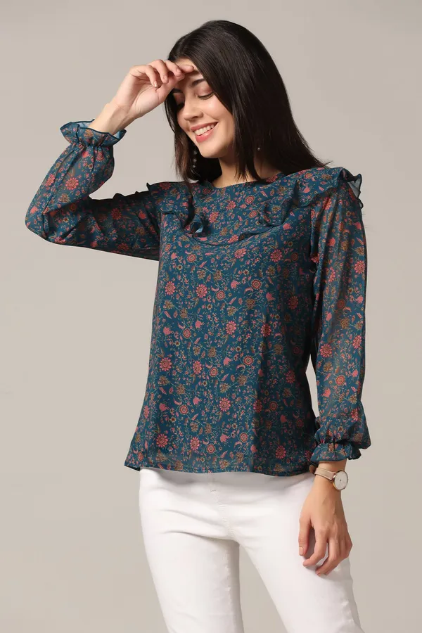 Teal_Blue_Georgette_Floral_Print_Top_For_Women