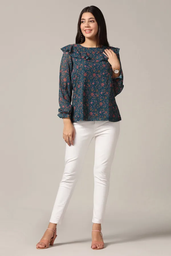 Teal_Blue_Georgette_Floral_Print_Top_For_Women