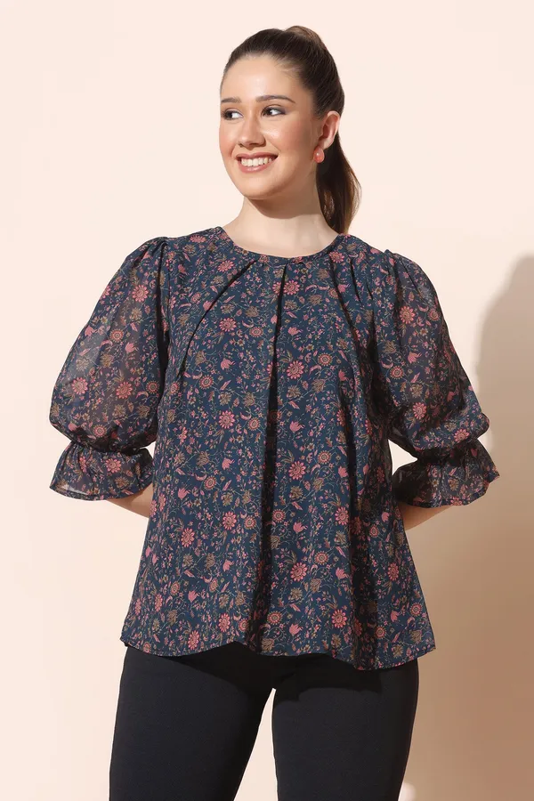 Navy_Blue_Georgette_Floral_Print_Regular_Top_For_Women