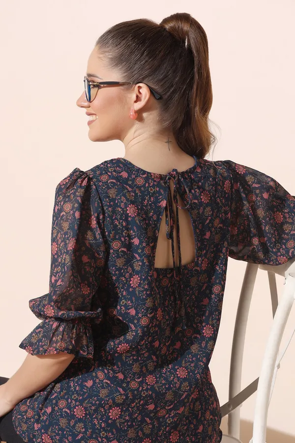 Navy_Blue_Georgette_Floral_Print_Regular_Top_For_Women