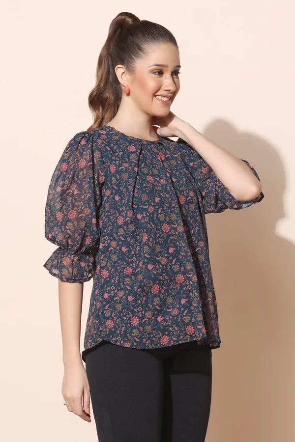Navy_Blue_Georgette_Floral_Print_Regular_Top_For_Women