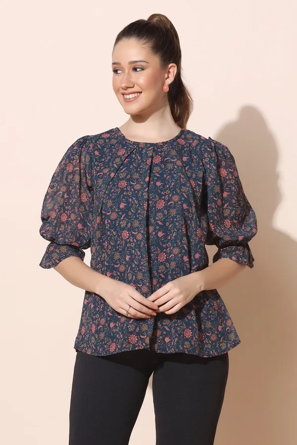 Navy_Blue_Georgette_Floral_Print_Regular_Top_For_Women