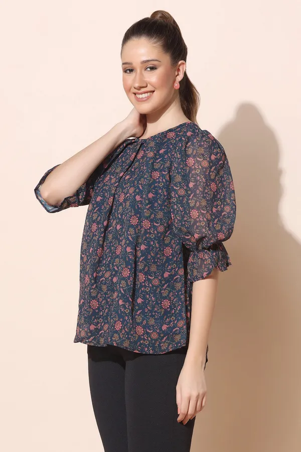 Navy_Blue_Georgette_Floral_Print_Regular_Top_For_Women