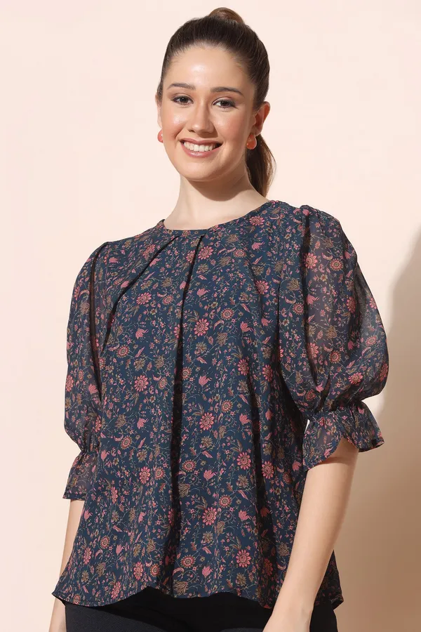 Navy_Blue_Georgette_Floral_Print_Regular_Top_For_Women