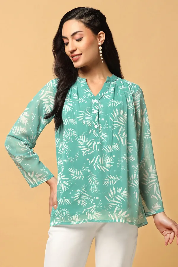 Green_Georgette_Botanical_Printed_Top_For_Women