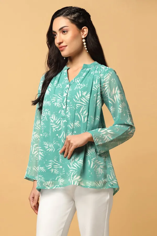Green_Georgette_Botanical_Printed_Top_For_Women