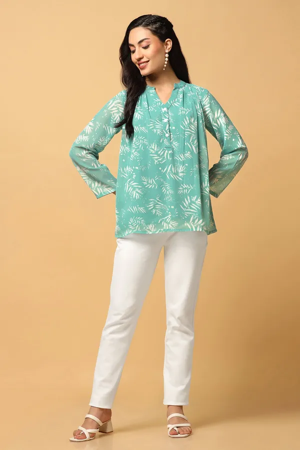 Green_Georgette_Botanical_Printed_Top_For_Women