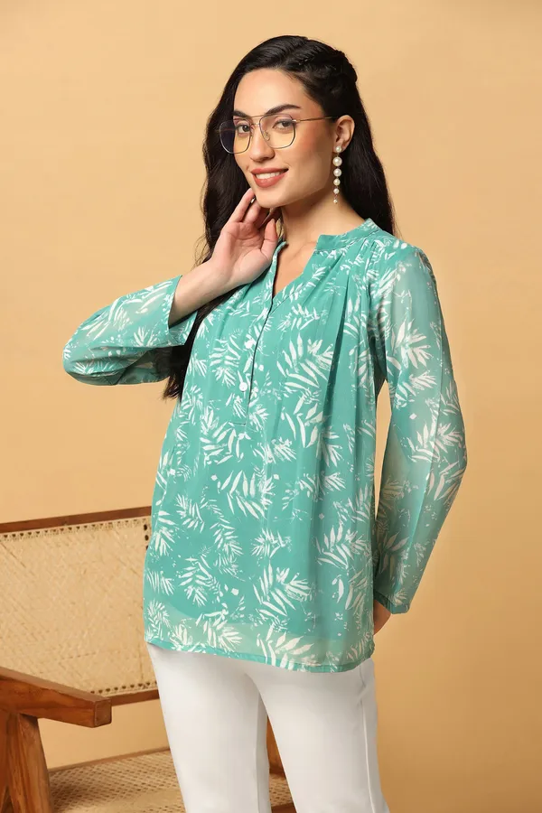 Green_Georgette_Botanical_Printed_Top_For_Women