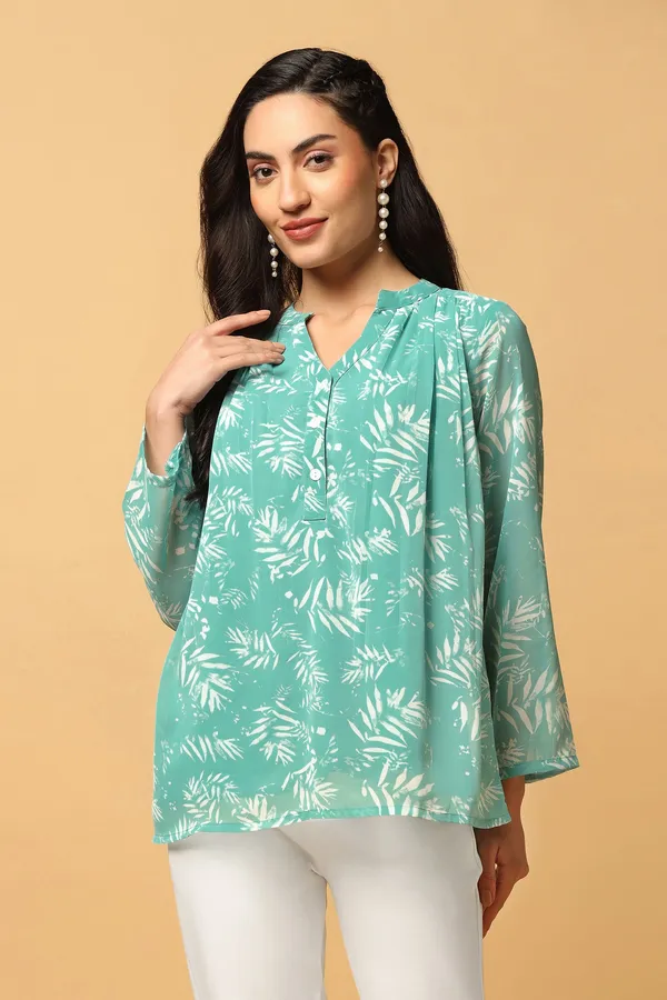 Green_Georgette_Botanical_Printed_Top_For_Women