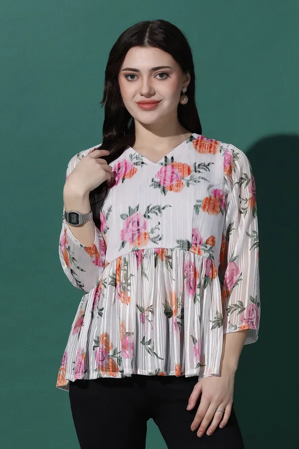 White_Floral_Printed_Georgette_Top_For_Women