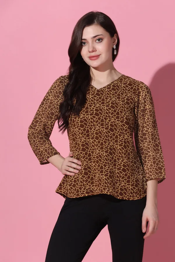Brown_Animal_Printed_Georgette_Casual_Top_For_Women