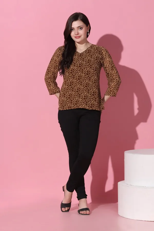 Brown_Animal_Printed_Georgette_Casual_Top_For_Women
