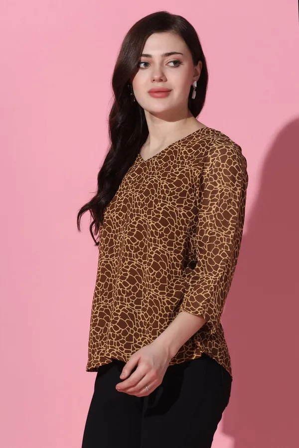 Brown_Animal_Printed_Georgette_Casual_Top_For_Women