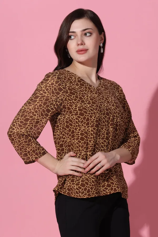 Brown_Animal_Printed_Georgette_Casual_Top_For_Women