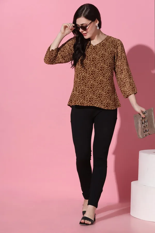 Brown_Animal_Printed_Georgette_Casual_Top_For_Women