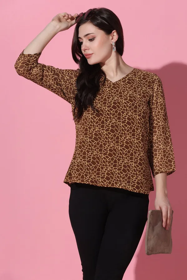 Brown_Animal_Printed_Georgette_Casual_Top_For_Women