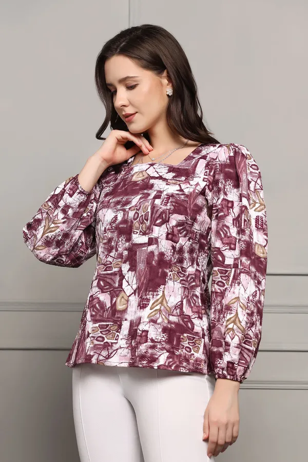 Wine_Abstract_Printed_Cotton_Blend_Casual_Top_For_Women
