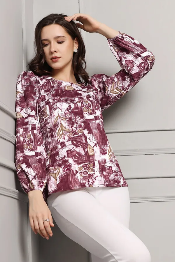 Wine_Abstract_Printed_Cotton_Blend_Casual_Top_For_Women